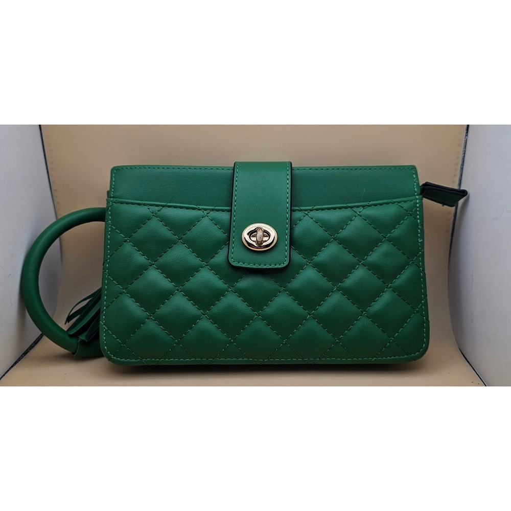 Green Quilted Faux Leather Wristlet Bangle Strap Tassel Clutch Bag